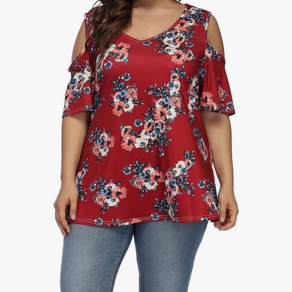 Blouse - red with flowers - 1x